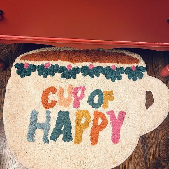 Natural Life Cotton Shaggy Bath Mat Cup of Happy Crean Multi Coffee Print OS NWT - Picture 5 of 10